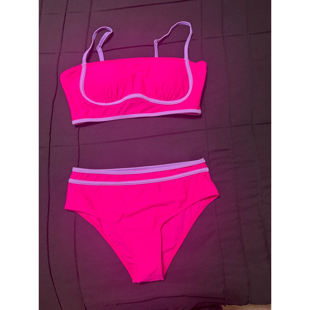 Womens Hot Pink and Lavender High Waisted Bikini Set Size M